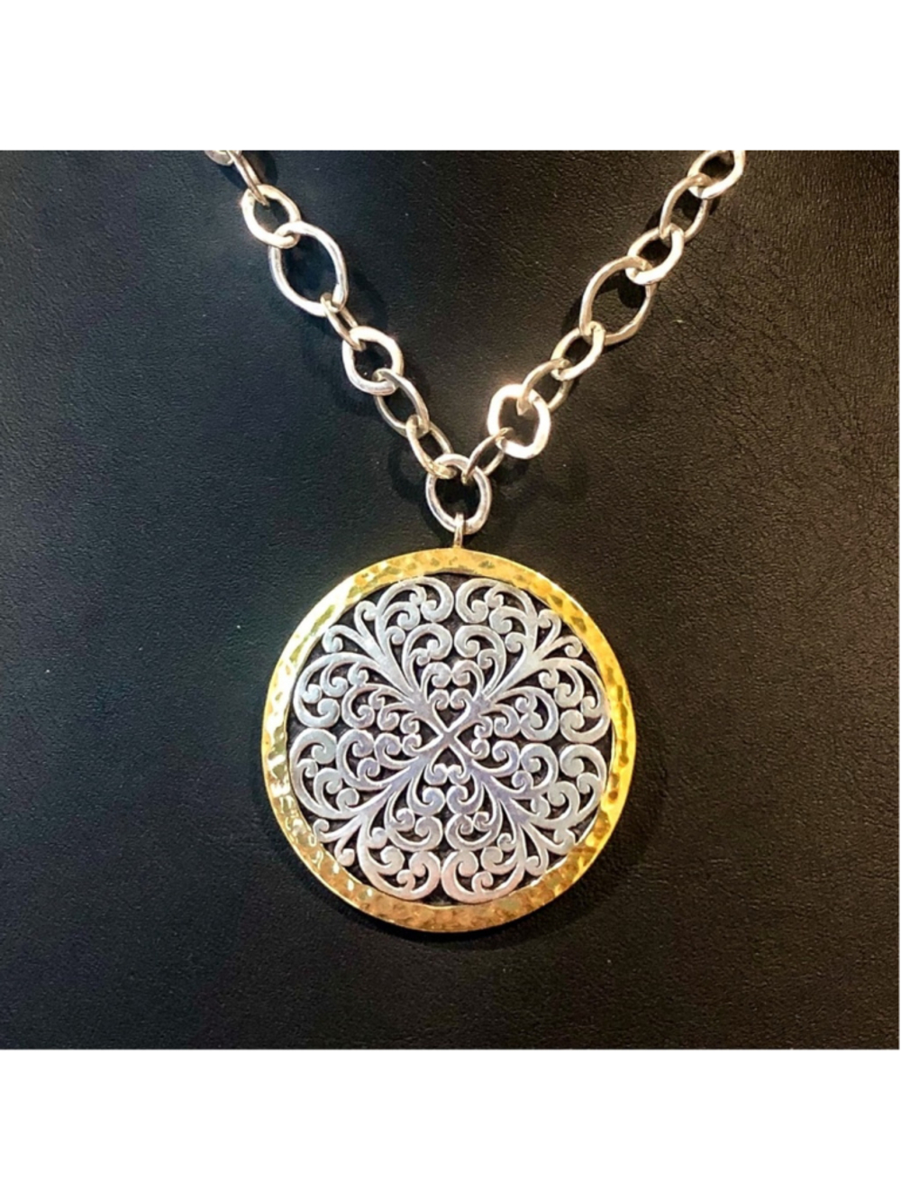 LOIS HILL Sterling Silver Round Pendant Framed in Gold Oversized Link Chain NWOT